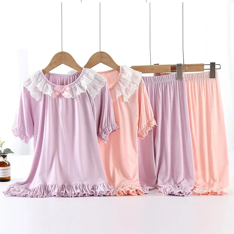 

Children Girls' Pajamas Sets Short Sleeved Baby Girl Nightwear Clothes Pink Girl Home Wear Clothes Set Summer 3-13Y Kids Pajamas