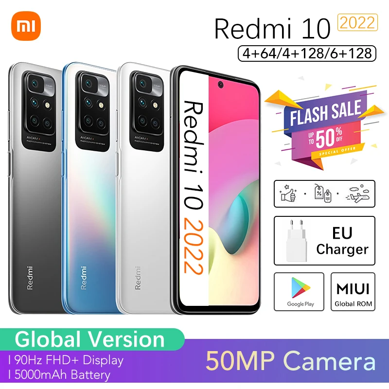 

Xiaomi Redmi 10 2022 дюйма, 6 ГБ, 128 ГБ, 4 ГБ, 64 ГБ, фотокамера 50 МП с искусственным интеллектом, четырёхъядерный процессор MTK Helio G88, дисплей 90 Гц FHD +, 5000 мАч