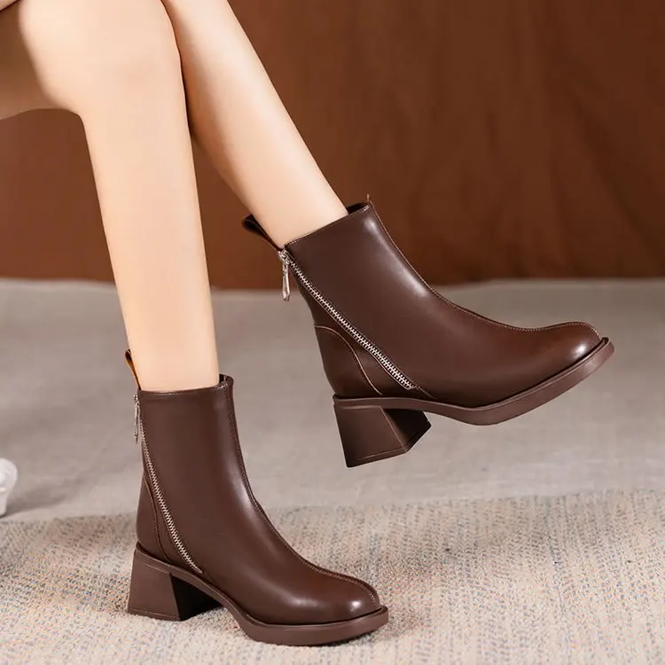 

Женские ботинки на молнии, женская низкая обувь с круглым носком, зимняя обувь-Женские Элегантные Кожаные ботильоны на среднем каблуке, Осень-зима 2022