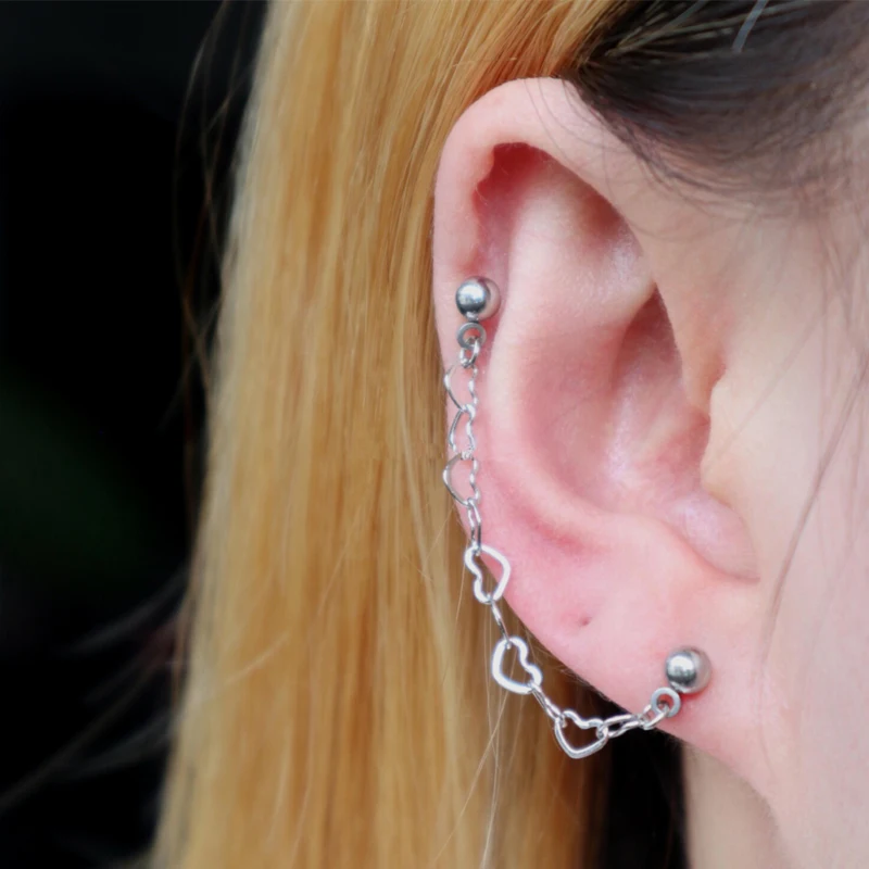 

1 Lot Surgical Steel Barbell EarTragus Ear Cartilage Helix Piercing Earrings Heart ChainEar Studs Cuff Korea Style Lobe Piercing