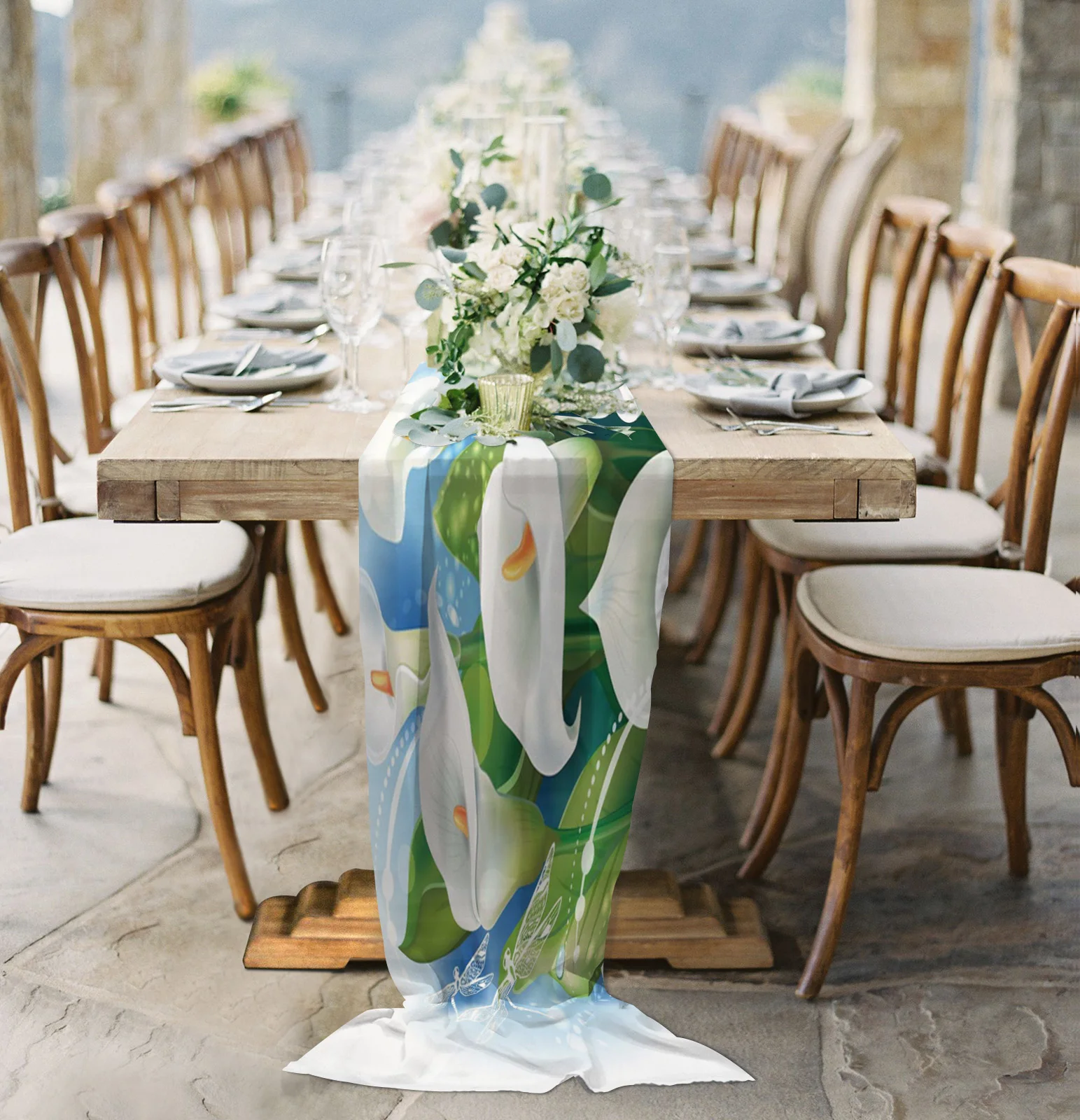 

Flower White Green Leaves Dragonfly Chiffon Table Runner for Wedding Celebration Banquet Festival Party Backdrop Decor