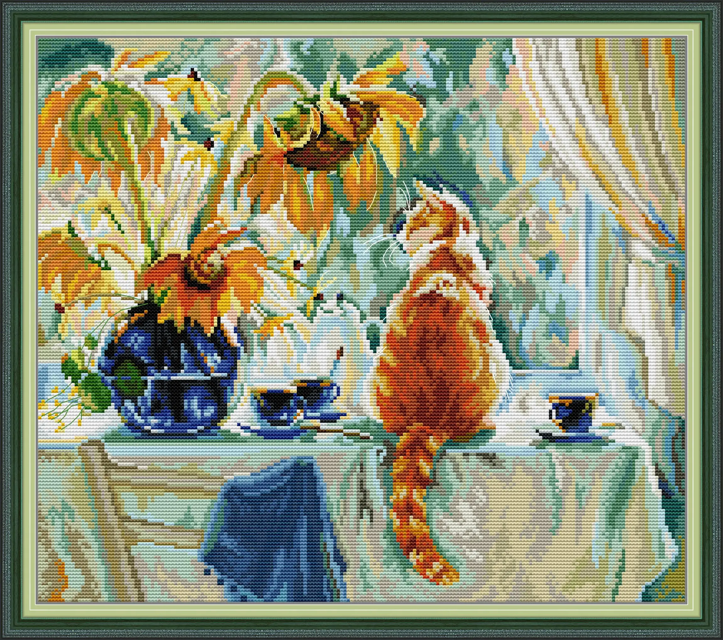 

Joy Sunday Pre-printed Cross Stitch Kit Easy Pattern Aida Stamped Fabric Embroidery Set-Cat and Sunflower