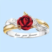 new vintage tow tone plated red rose flower rings for women shine cz stone inlay fashion jewelry charm wedding party gift ring