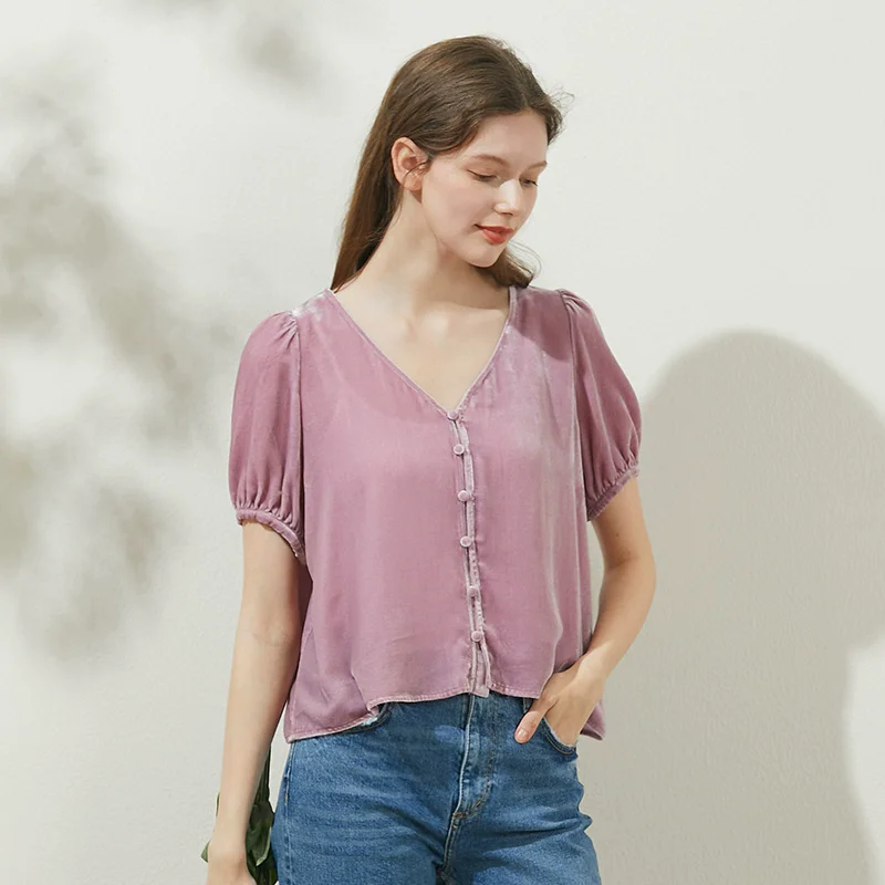 BirdTree элегантная бархатная рубашка из натурального шелка женская с пышными