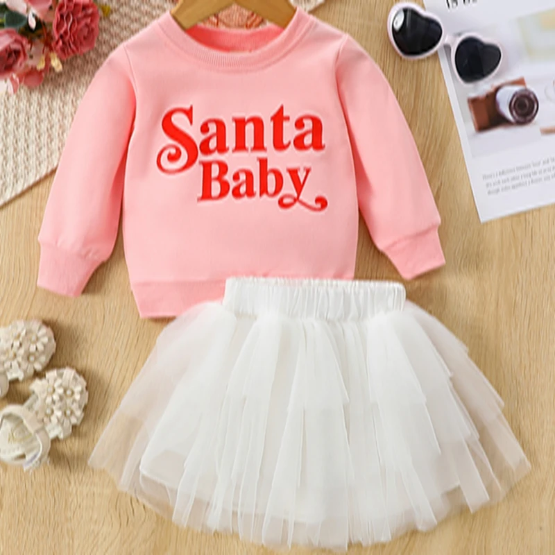 

Рождественская одежда для маленьких девочек, свитшот с длинным рукавом и юбка-пачка с Санта-Клаусом, комплект одежды из 2 предметов