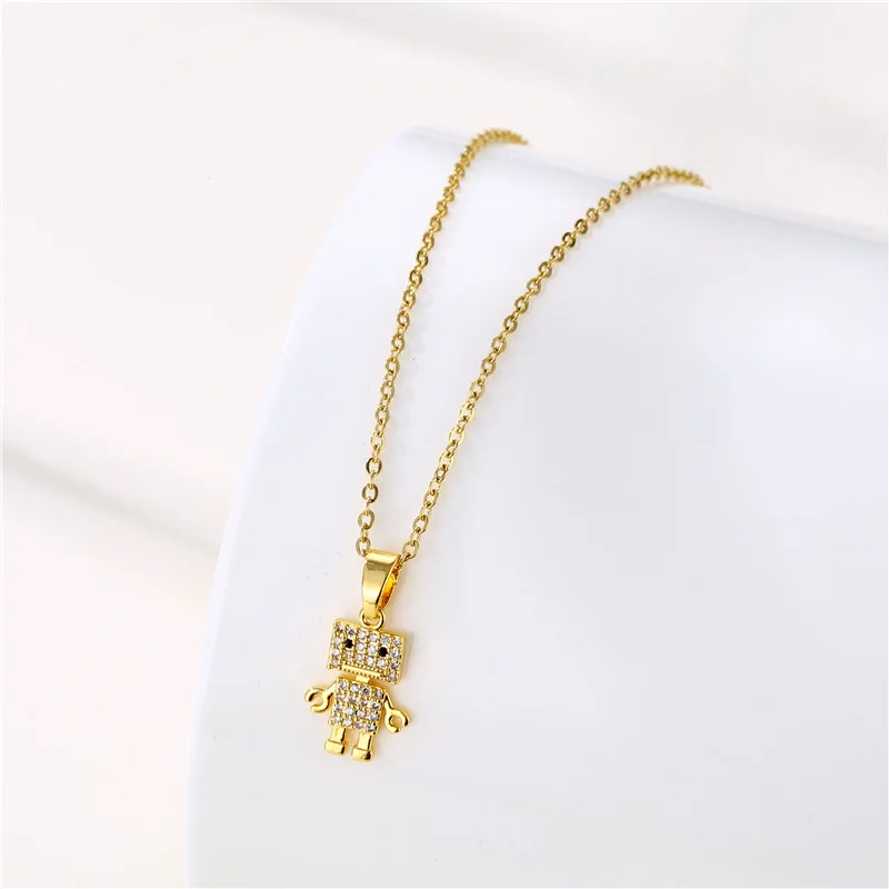 New Design Sense Zircon Crystal Lovely Robot Pendant Stainless Steel Necklaces For Women Hip Hop Style Female Neck Chain Jewelry