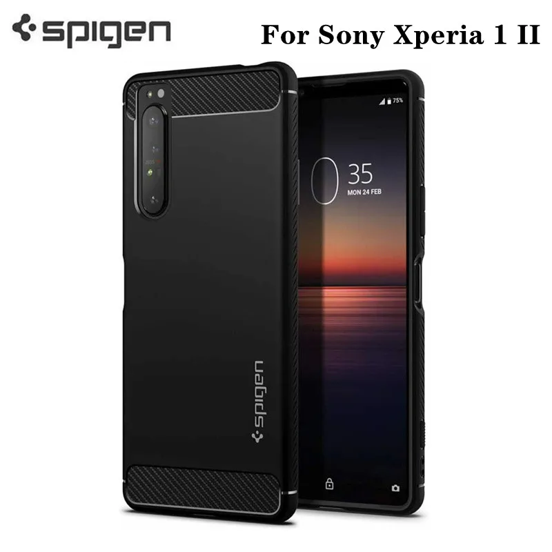 

Чехол из ТПУ с текстурой из углеродного волокна для Sony Xperia 1 II | Spigen [Rugged Armor] ударопрочный Тонкий матовый чехол