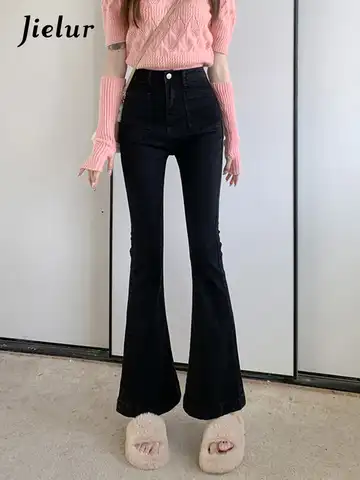 Jielur High Waist Jeans Flared Trousers for Female Autumn Korean New Vintage Loose Straight Black Pants for Women Jeans OL