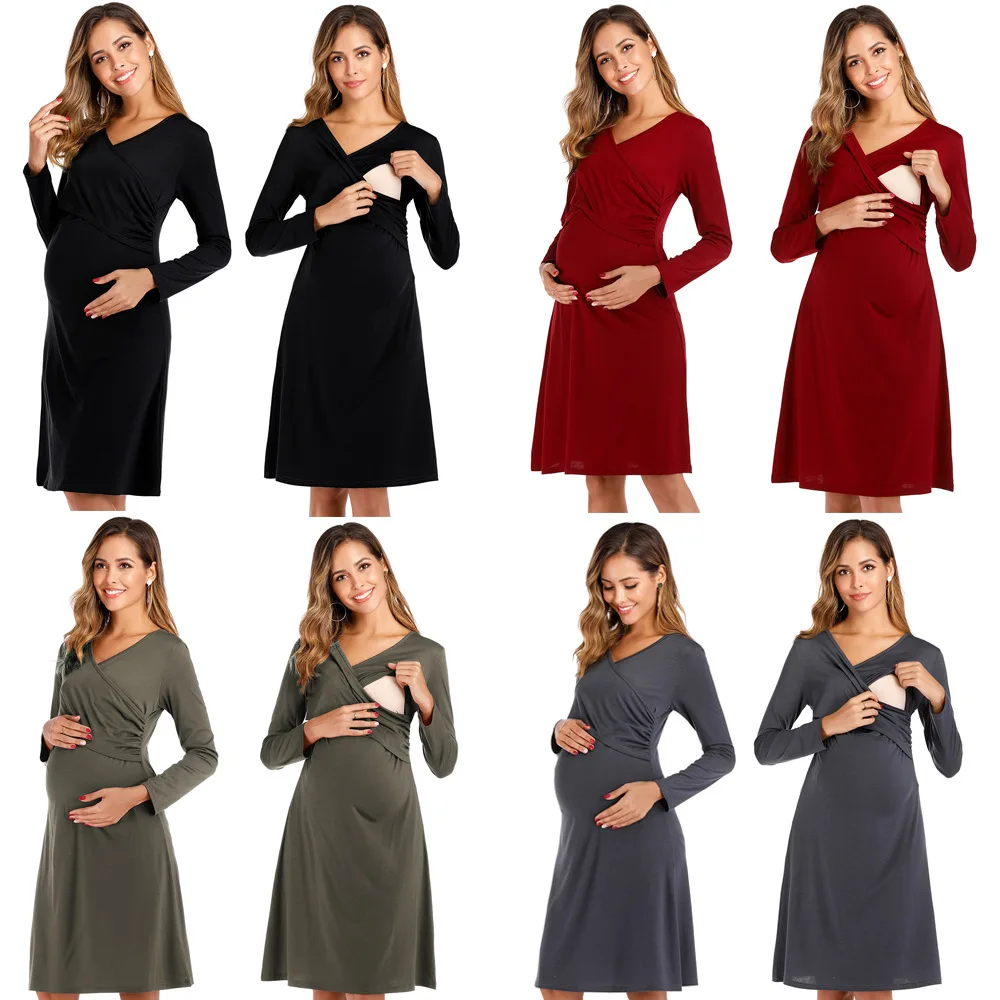 Breastfeeding Dresses Maternity Clothes for Pregnant Women Cross-Chest V-Neck Maternity Dress Sexy Long-sleeved Nursing Dress