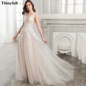 Thinyfull A Line Appliques Lace Boho Wedding Dresses Deep V-Neck Beach Wedding Party Gowns Long Train Backless Bride Dress 2022