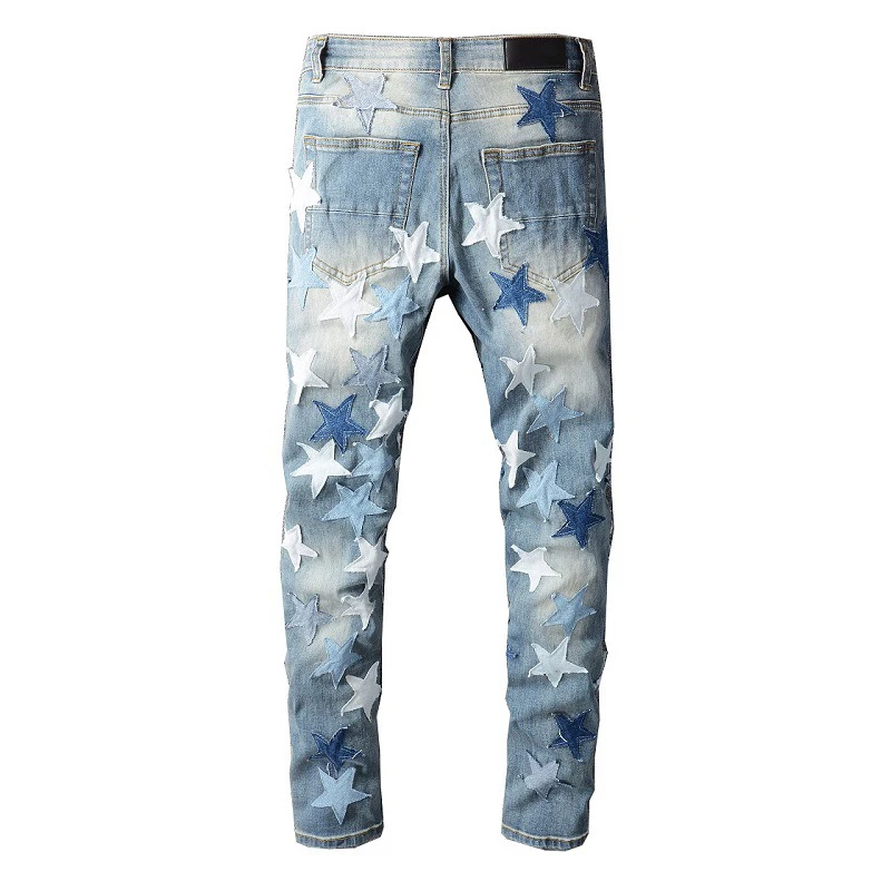 AM Luxury Brand Men's Jeans Light Indigo Star Patchwork Embroidery Skinny Denim Pants Harajuku Men Slim Fit Ripped Pencil Jeans