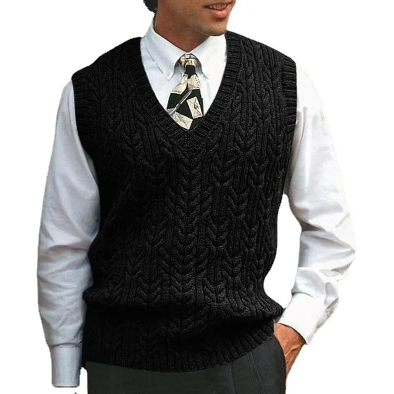 2023 Spring Autumn Knitted Men Sweater Vest Casual Sleeveless Sweaters Mens Cable V-neck Sweater Solid Color Casual Pullover