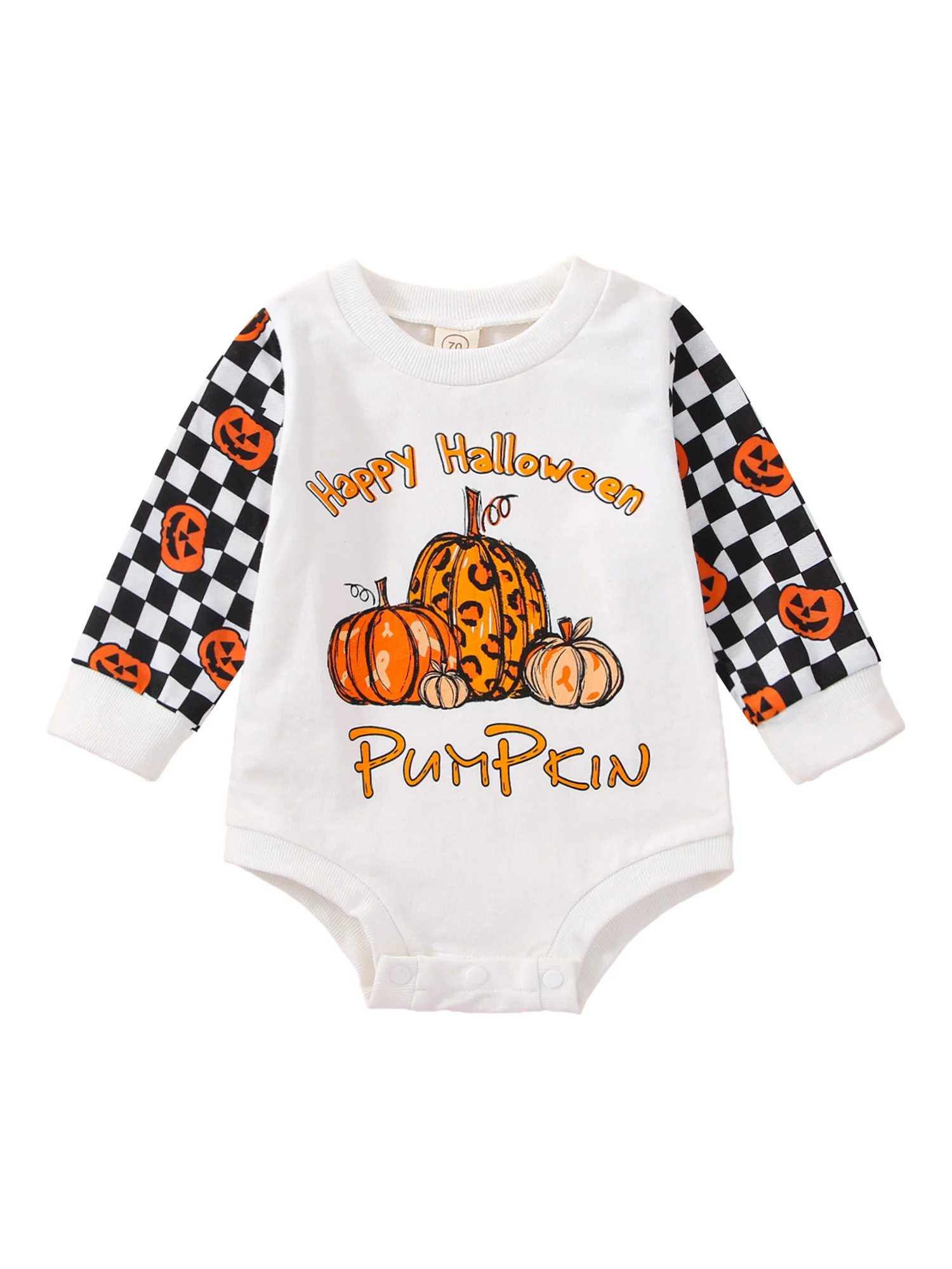 

Toddler Baby Girls Boys Halloween Romper Long Sleeve Round Neck Letter Pumpkin Print Patchwork Playsuit
