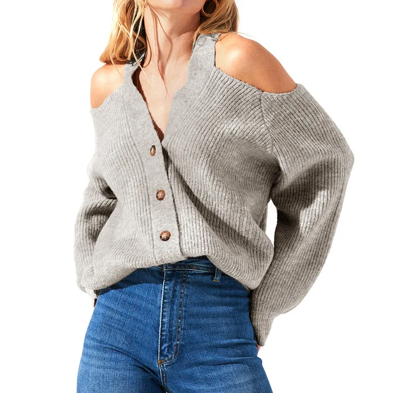 

2022 Autumn Women Sweaters Full Sleeve Sexy Off Shoulder Halter Neck Single Breasted Open Stitch Knitting Female Cardigan C4125