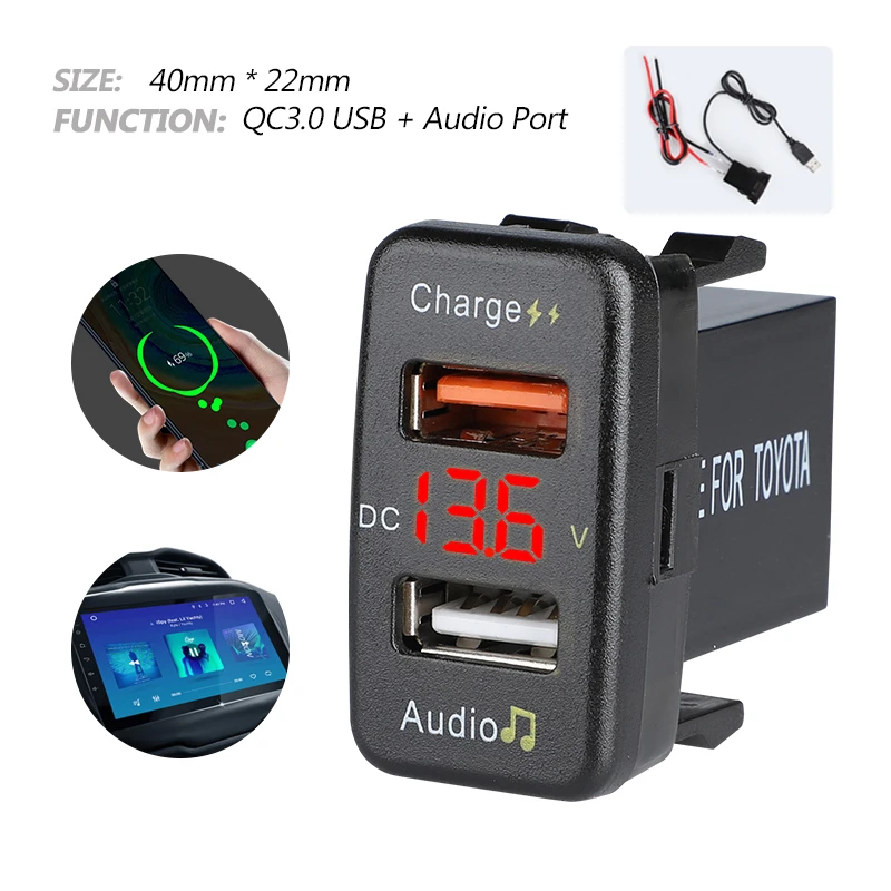 

Автомобильные аксессуары интерьер авто toyota corolla Prado автомобильное зарядное устройство 12 В 24 в двойной usb вольтметр аудио порт QC3.0 Быстрая зарядка