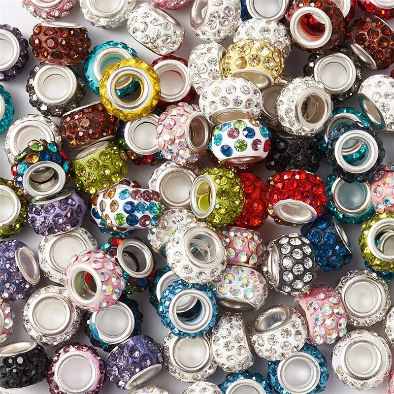 20Pcs Colorful Rhinestone Beads 15mm European Big Hole Beads with Silver Brass Core for Women DIY Bracelet Shoelaces Hair Beads images - 6