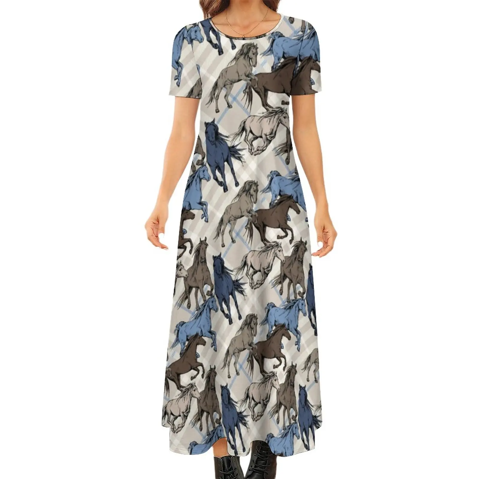 

Женское длинное платье в клетку, сине-серое клетчатое платье-макси с коротким рукавом, в стиле бохо