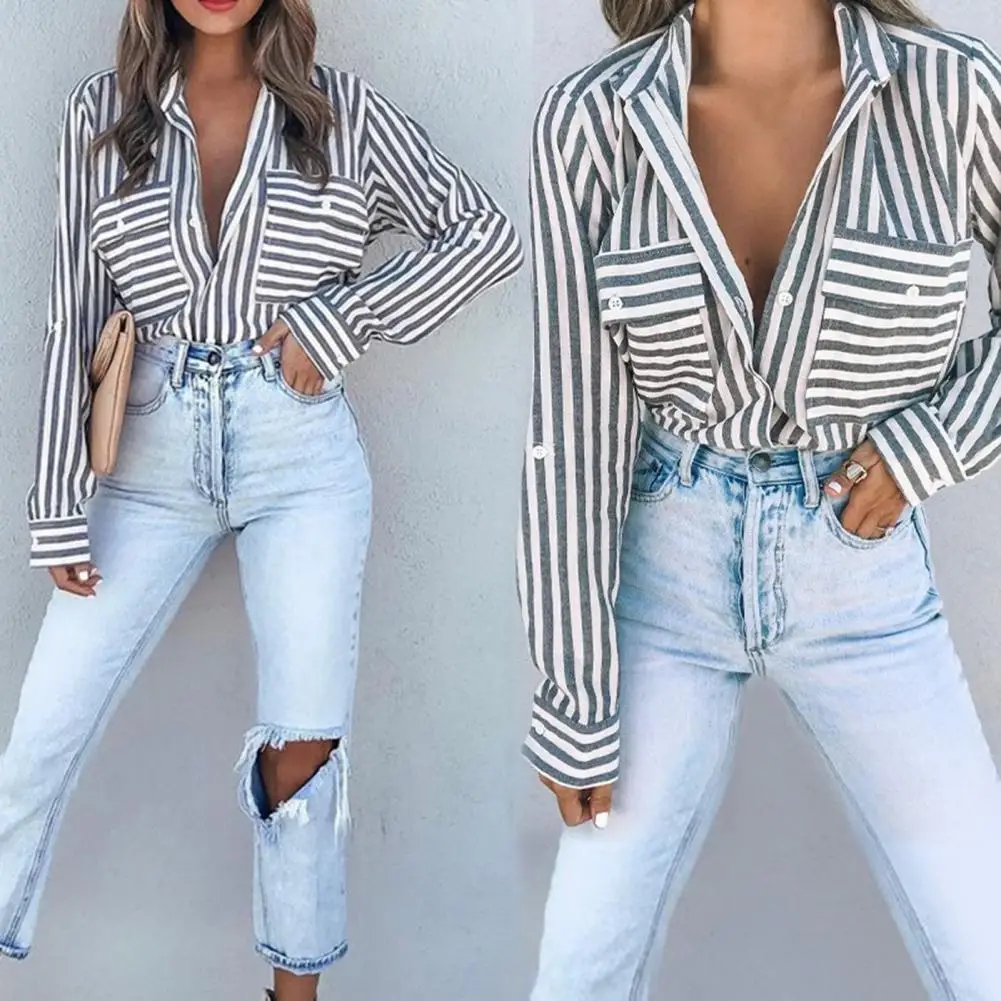 

Blouse Shirt Turn-Down Collar Long Sleeve Women Shirt Striped Print Buttons Down Loose Office Shirt Female Clothing camisetas