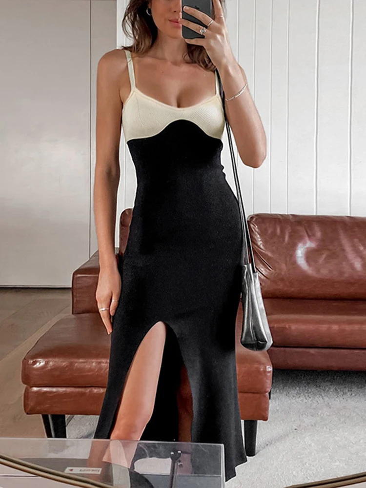 

Ladies Sexy Sling V-Neck Backless Slit Slim Fit Party Dress Summer Women Elegant Patchwork Sleeveless Hollow High Street Dresses