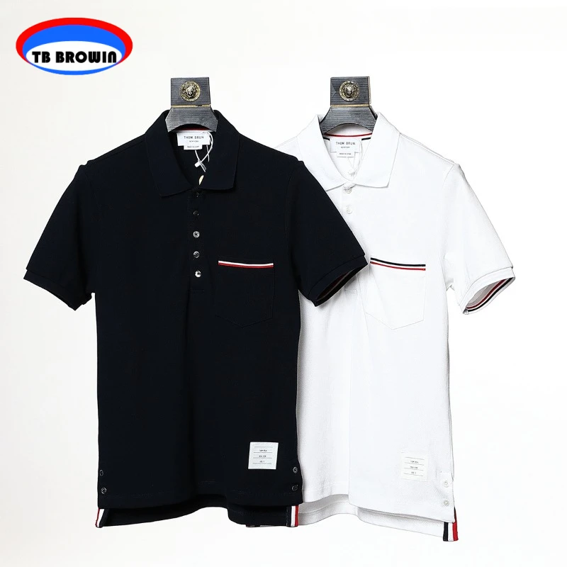 

TB BROWIN Thom Polo T-shirt Men's Summer Leisure Colorful Ribbon Pocket Pure Cotton Short Sleeve Clothing Fashion Sport Top Tees
