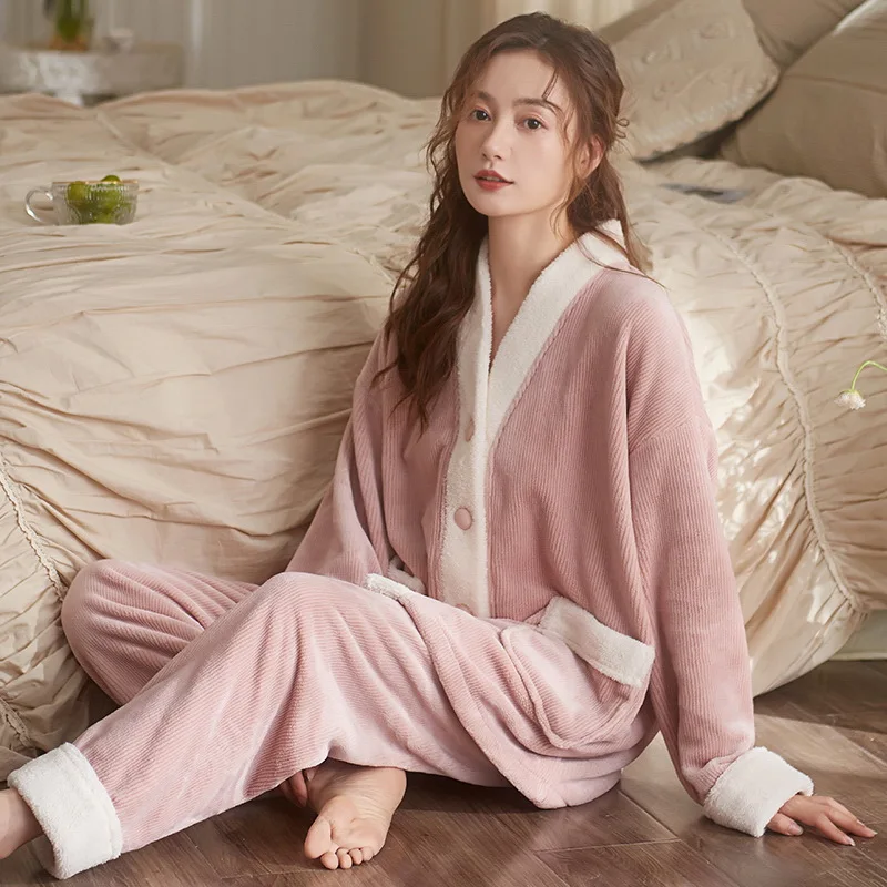 Autumn And Winter Flannel Solid Colour Women's Pajamas Cardigan Long Sleeve Long Trousers Coral Fleece Suit Home Pajama Sets