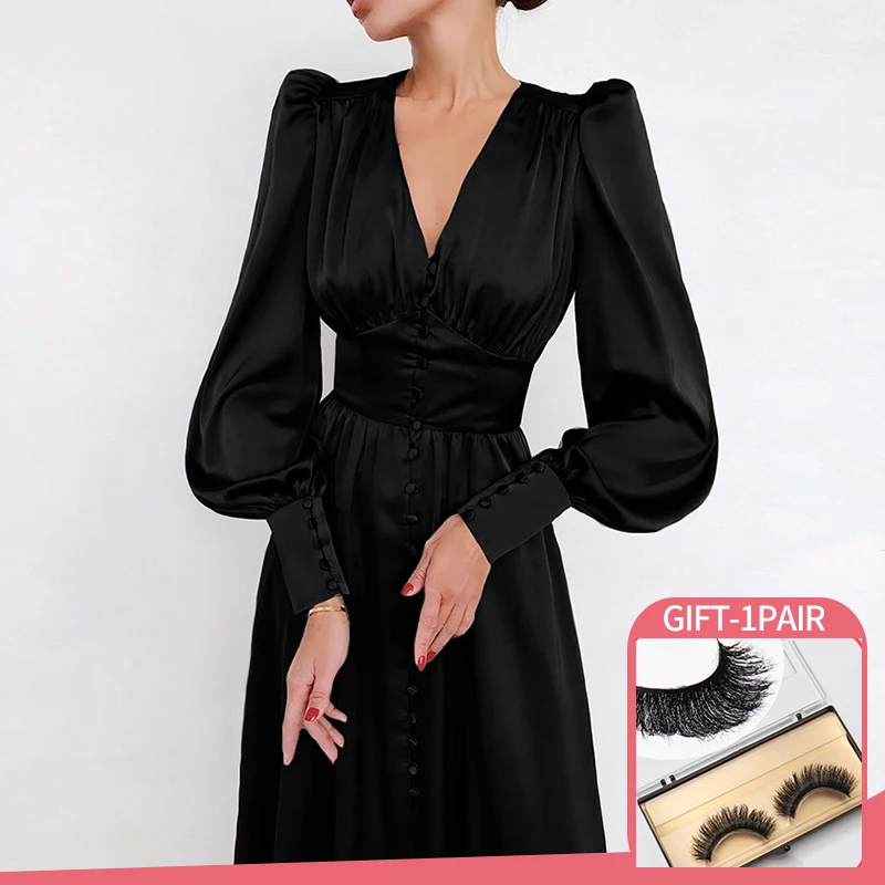 

Autumn Fashion New Year Lady Dress Satin Lantern Sleeve Women Midi Dress for Party Solid High Waist Slim Elegant Female Dresses