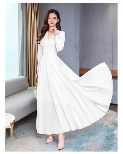 

Женское шифоновое платье с V-образным вырезом и длинным рукавом