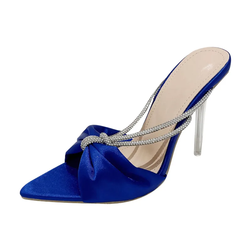 New Satin Crystal Women Slippers Party Sexy Fashion Sandals Pointed Toe Perspex Stiletto High Heels Summer Party Shoes Ladies
