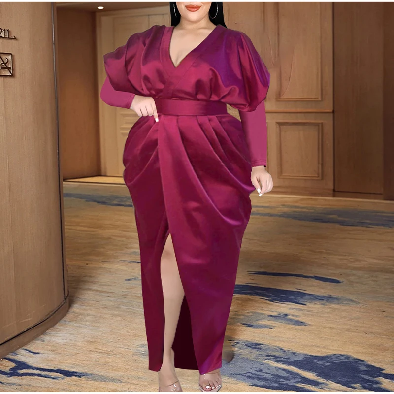 

Plus Size Burgundy Draped Ruched Long Maxi Dress 4XL Elegant V Neck Long Lantern Sleeve High Split Evening Party Prom Dress Robe
