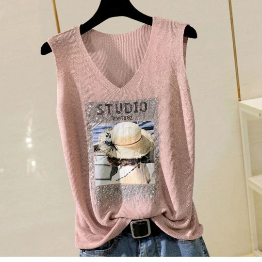

Pink Girl Women Lady Summer Diamond Camisole Vest Crystal Sleeveless T-shirt Tops Cloth V-neck Tank Top Shinning T Clothes
