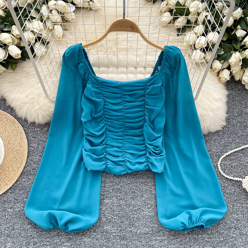 Женская однотонная блузка с квадратным вырезом и длинным рукавом