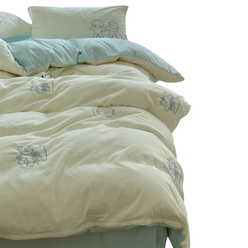 INS Embroidery Solid Washed Cotton Four-Piece Set Cartoon Sle Simple Student Dormitory Three-Piece Bedding