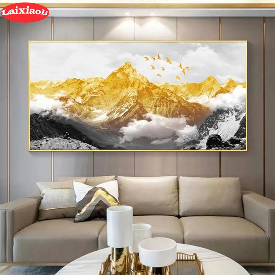

5D Diamond Embroidery abstract Art golden mountains flying birds Diamond Painting Full Square Mosaic Cross Stitch Handmade Gift