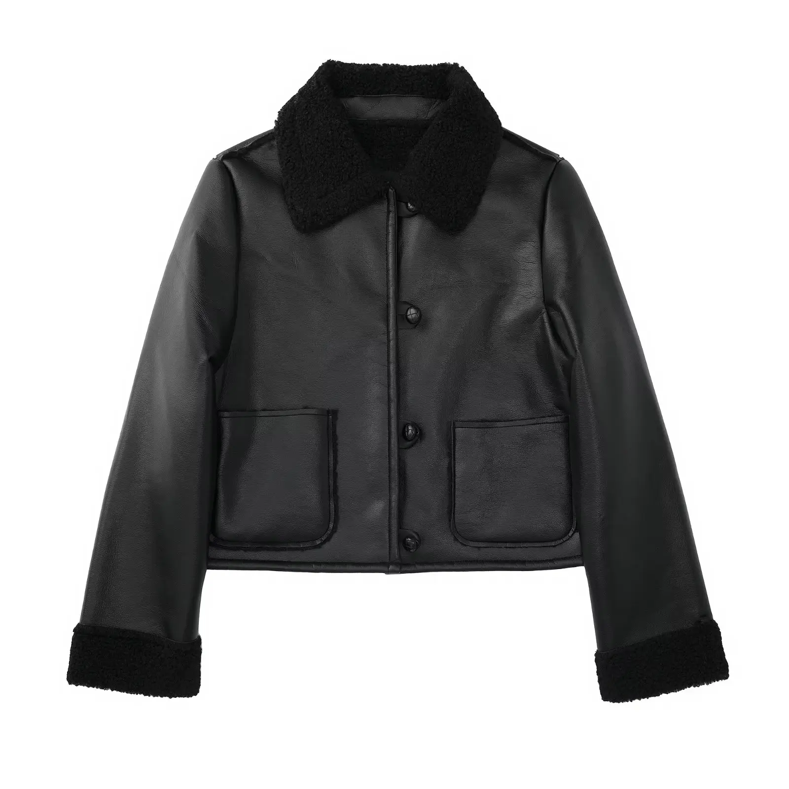 

Autumn Winter Women Warm Two Sided Jacket Coat Fleece lining Vintage Long Sleeve pocket Female Outerwear Overshirt 8741/232