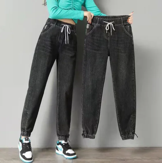 

Женские свободные джинсы-джоггеры до щиколотки, однотонные уличные брюки из денима с завязками и царапинами, универсальные эластичные джинсовые брюки, 2023