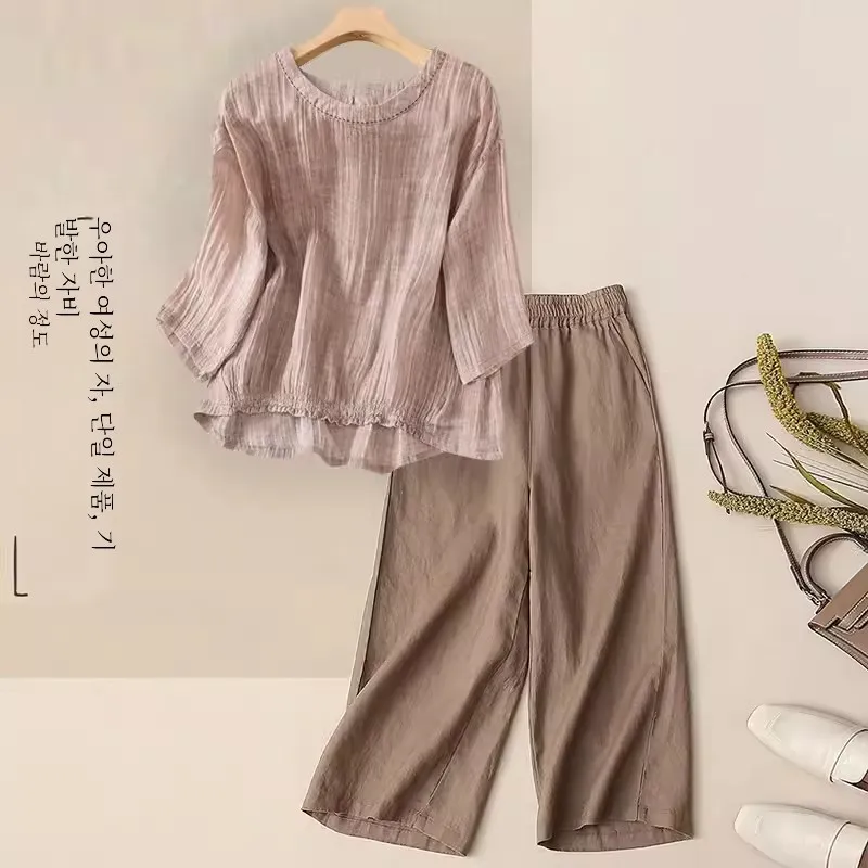 Свободный комплект из хлопка и льна для мам среднего пожилого возраста. Комплект