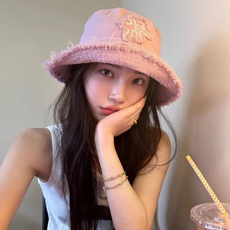 

Korean Design Flower Bucket Hat Retro Washed Cotton Versatile Basin Caps Men Spring and Summer Outdoor Sunscreen Women's Hats
