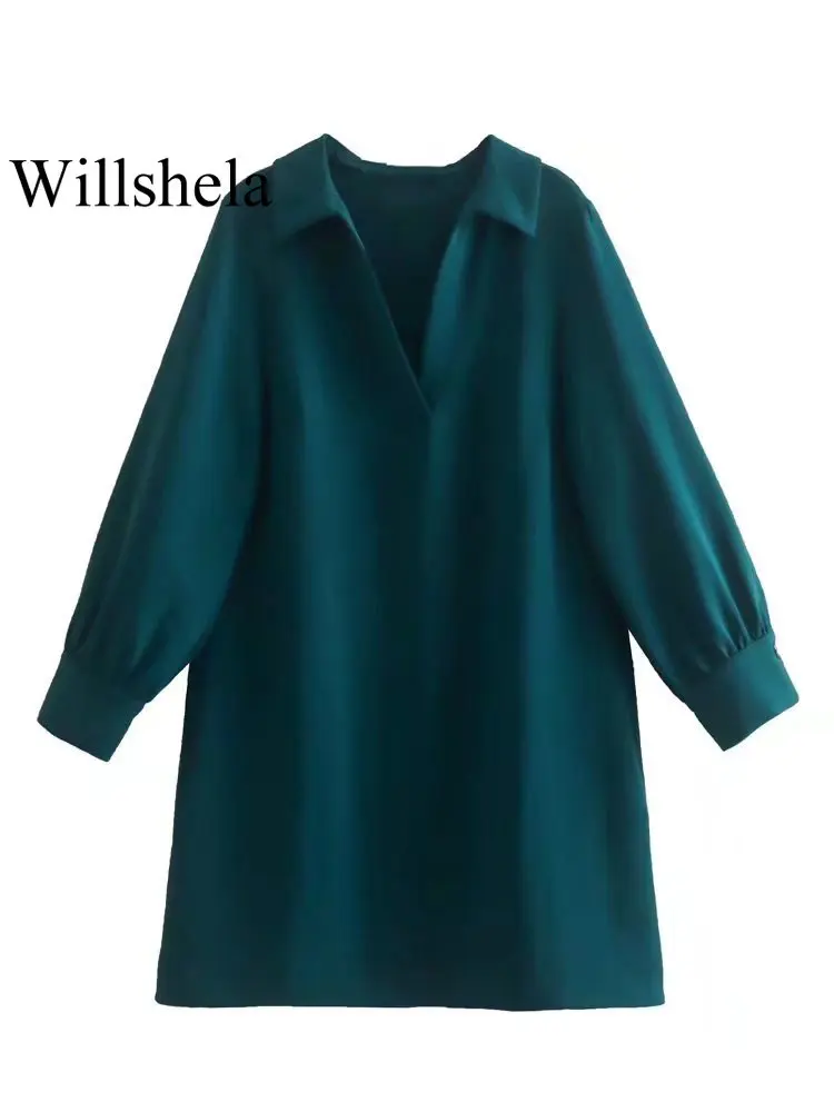 

Willshela женское Модное темно-зеленое мини-платье в винтажном стиле с воротником поло и длинными рукавами, женские платья