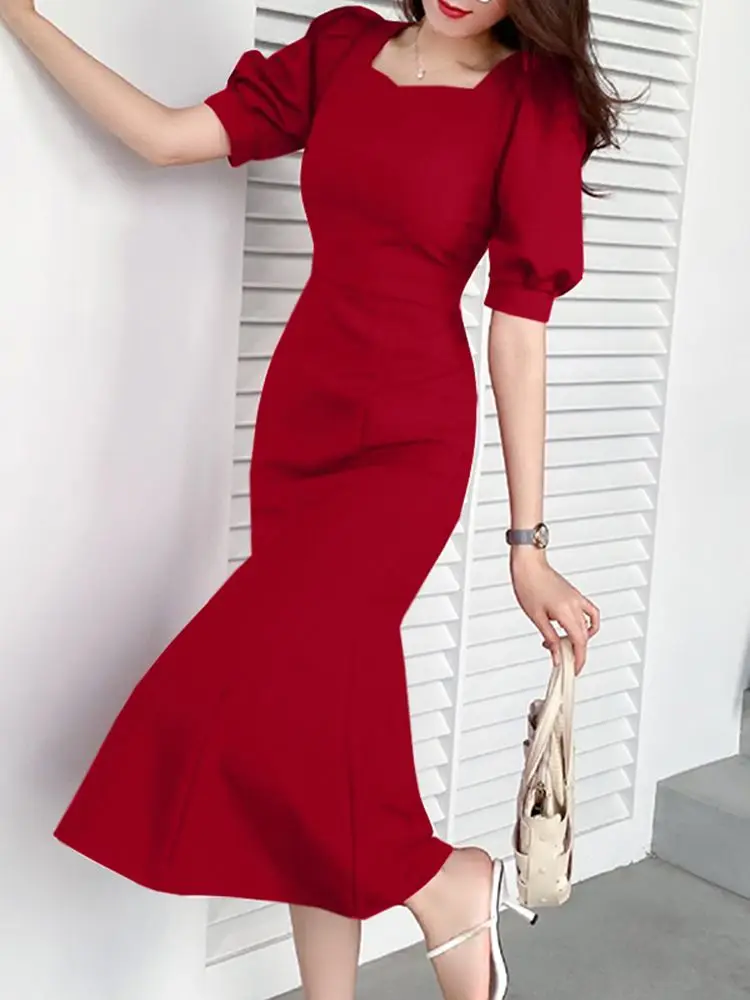 

ZANZEA Vintage Square Neck Slim Vestido Elegant Women Midi Dress Korean Fashion Puff Sleeve Mermaid Dress Sexy Party Sheath Robe