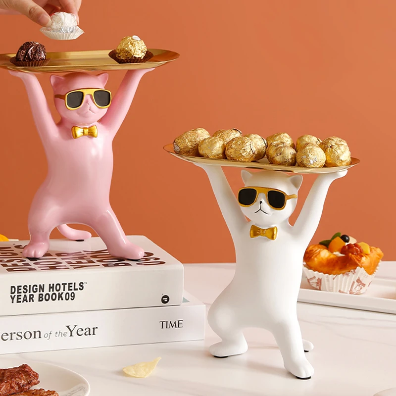 

Resin White Enchanting Cat Decoration Storage Tray Living Room Desktop Decoration Accessories Metal Oval Plate Decoration Plate