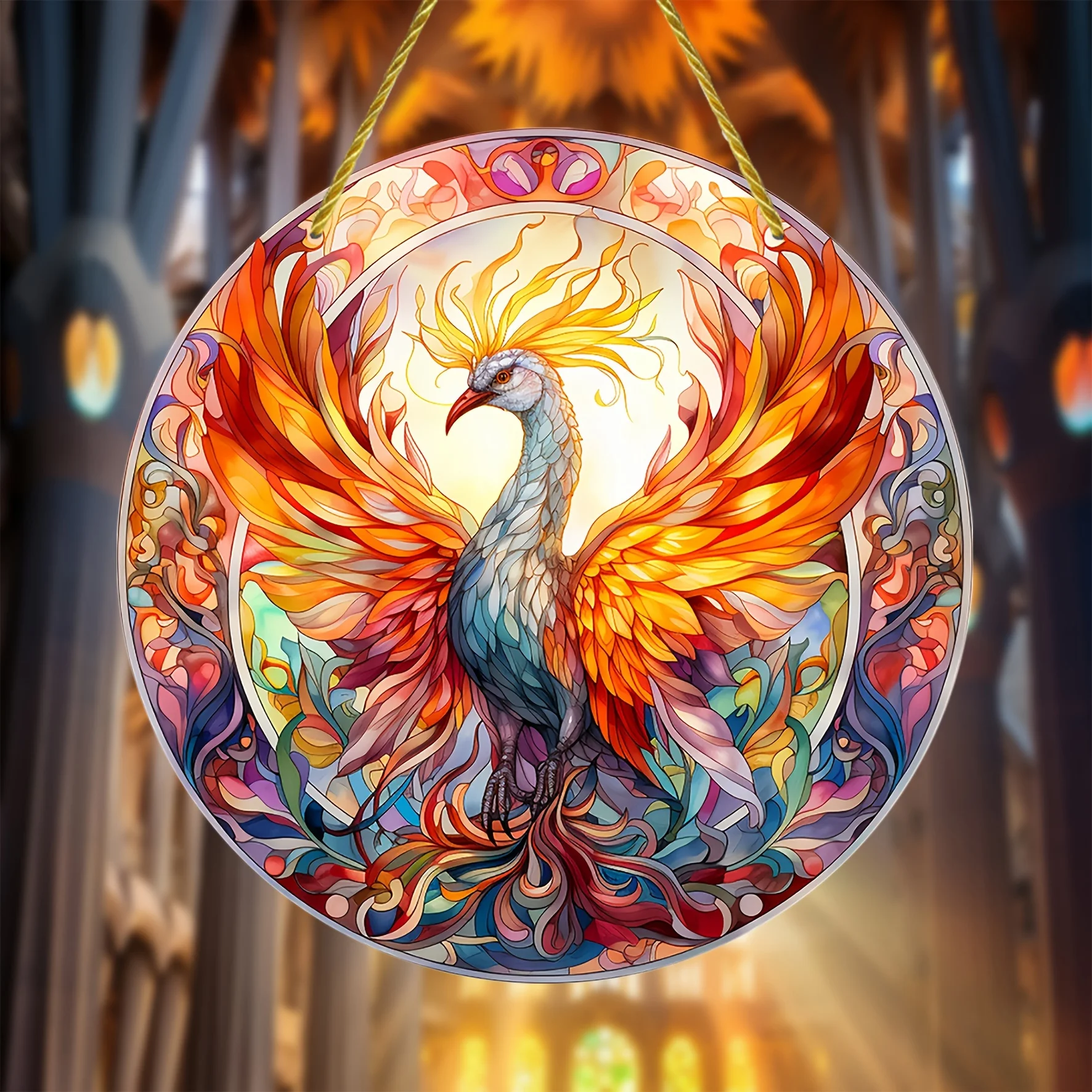 Ловец солнца Феникса - витражное окно подвесное для дома крыльца настенного