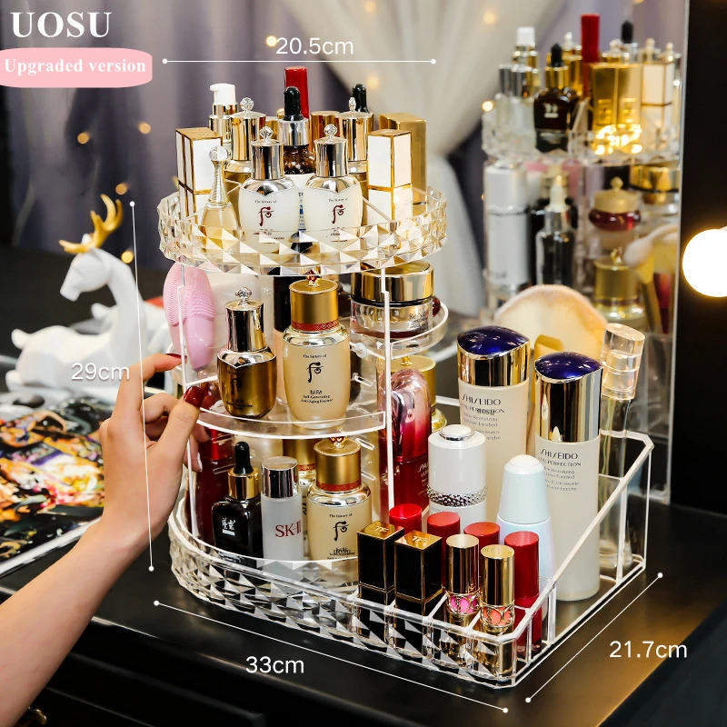 UOSU 360 Degree Rotation Make Up Organizer Box Cosmetic Organizer Transparent Fashion Spin Multi-Function Detachable Acrylic