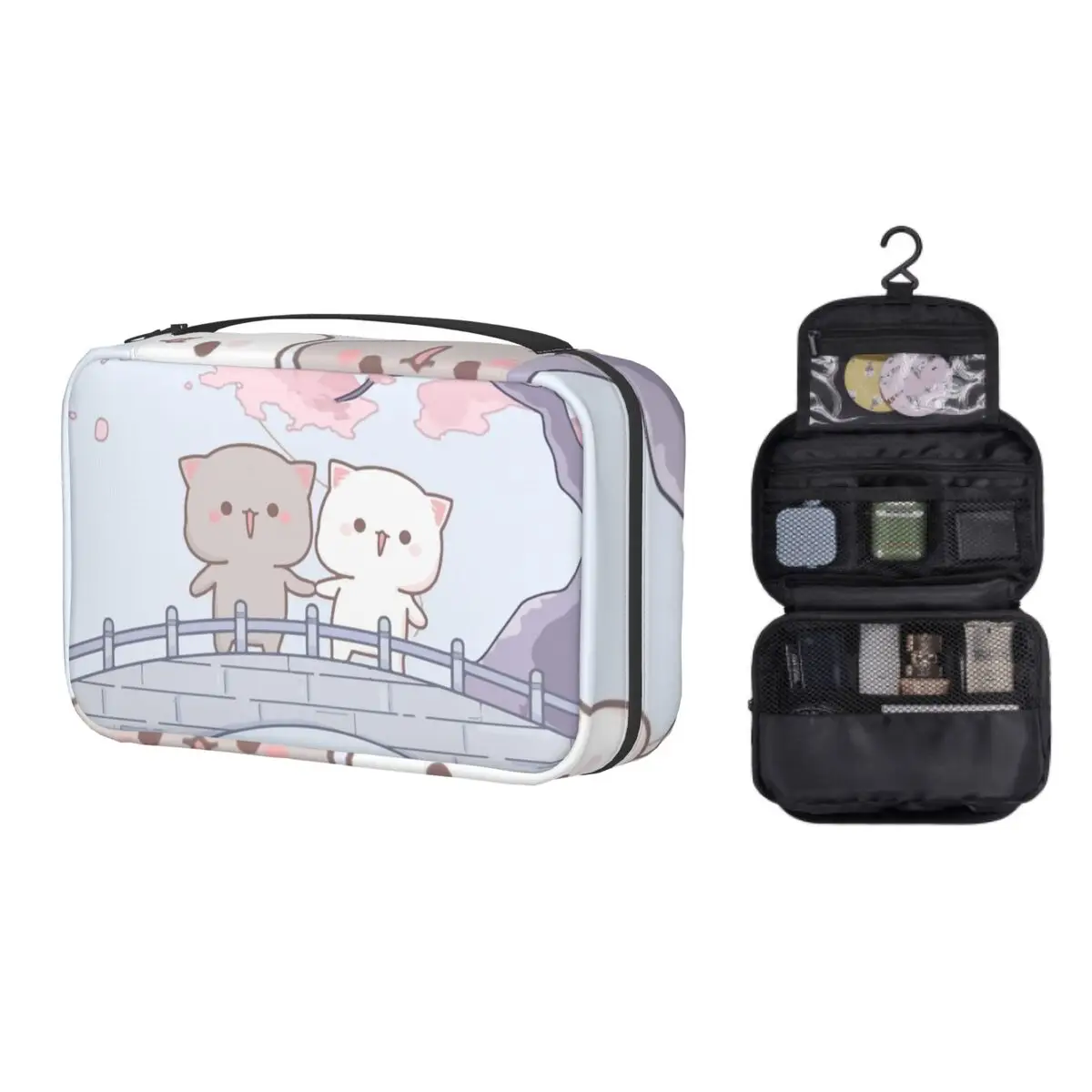 

Custom Romantic Peach And Goma Mochi Cat Toiletry Bag for Women Cosmetic Makeup Organizer Ladies Beauty Storage Dopp Kit Case