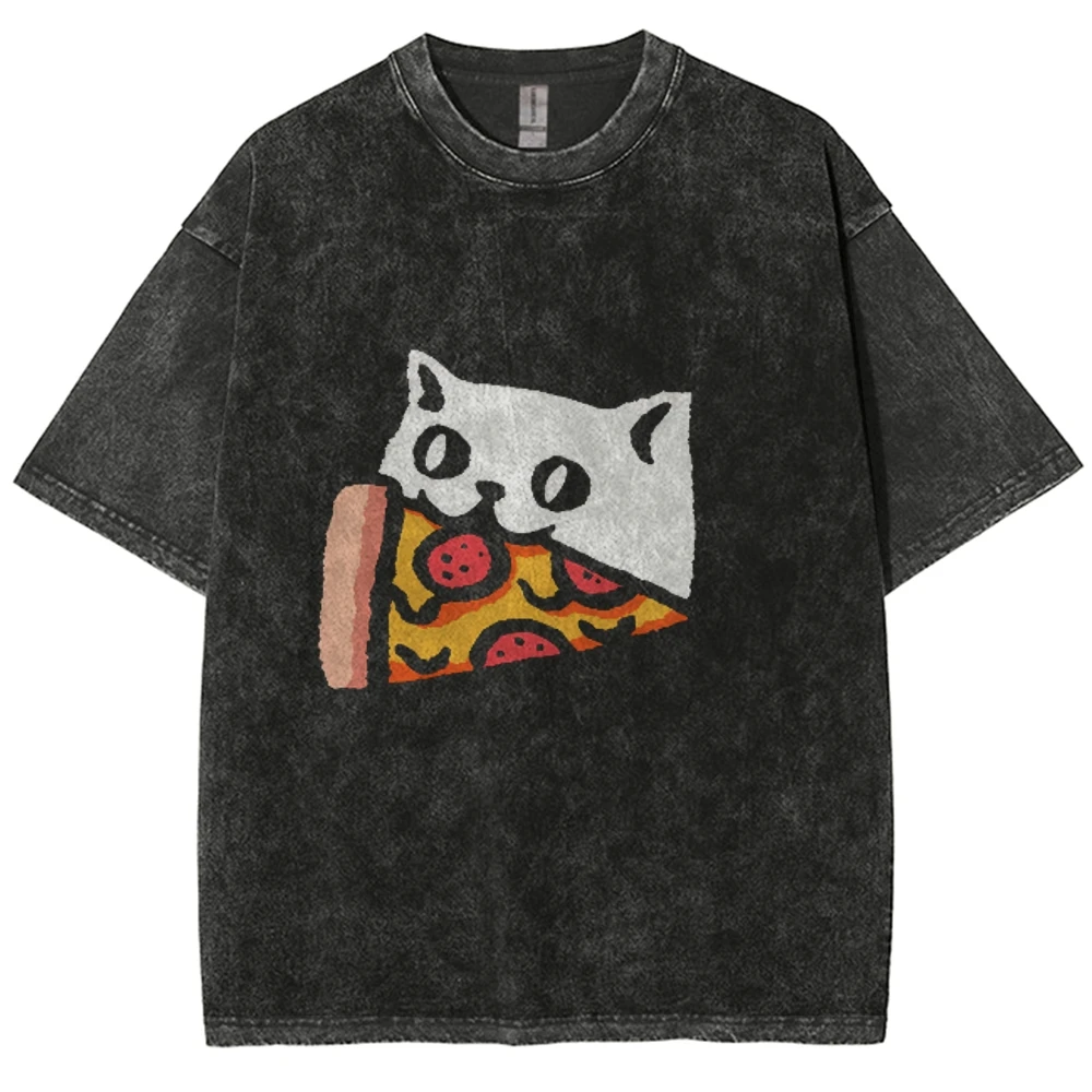 Винтажные футболки с рисунком Cute Kitten Eats Pizza — мужская стираная футболка