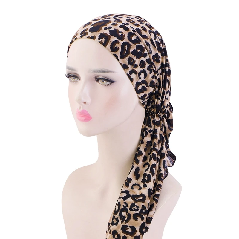

Женский тюрбан с предварительно завязанным принтом, тянущийся головной убор, мусульманский хиджаб с длинным хвостом, головной платок, уход за волосами, аксессуары для волос