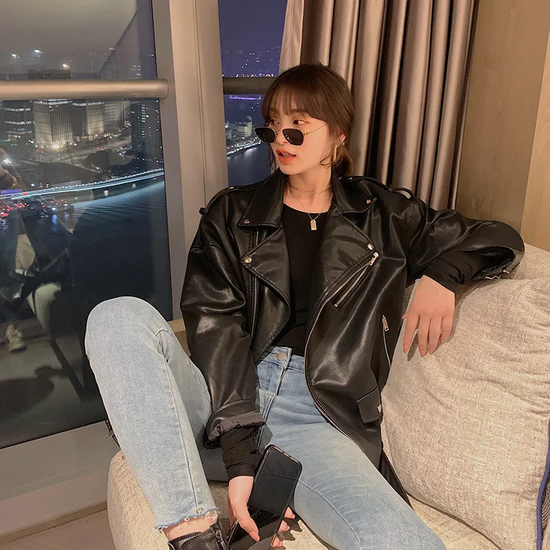 Women Clothes Spring Autumn Faux Leather Jackets Loose Casual Coat Female Drop-shoulder Motorcycles Locomotive Outwear with Belt