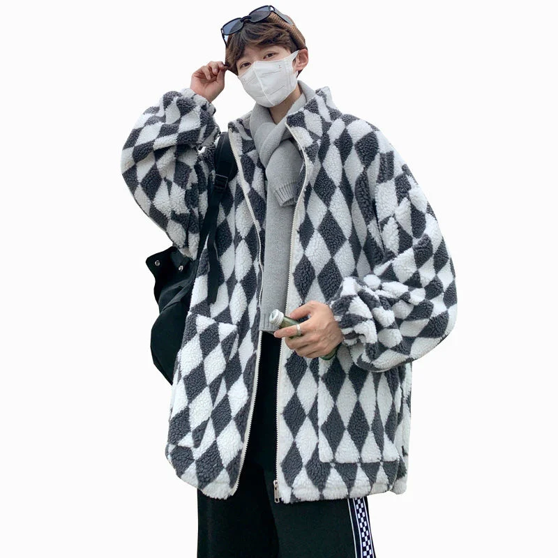 Winter Jacket Men Warm Fashion Retro Casual Plaid Thickened Lamb Wool Jackets Mens Streetwear Loose Short Coat Men Clothes M-3XL