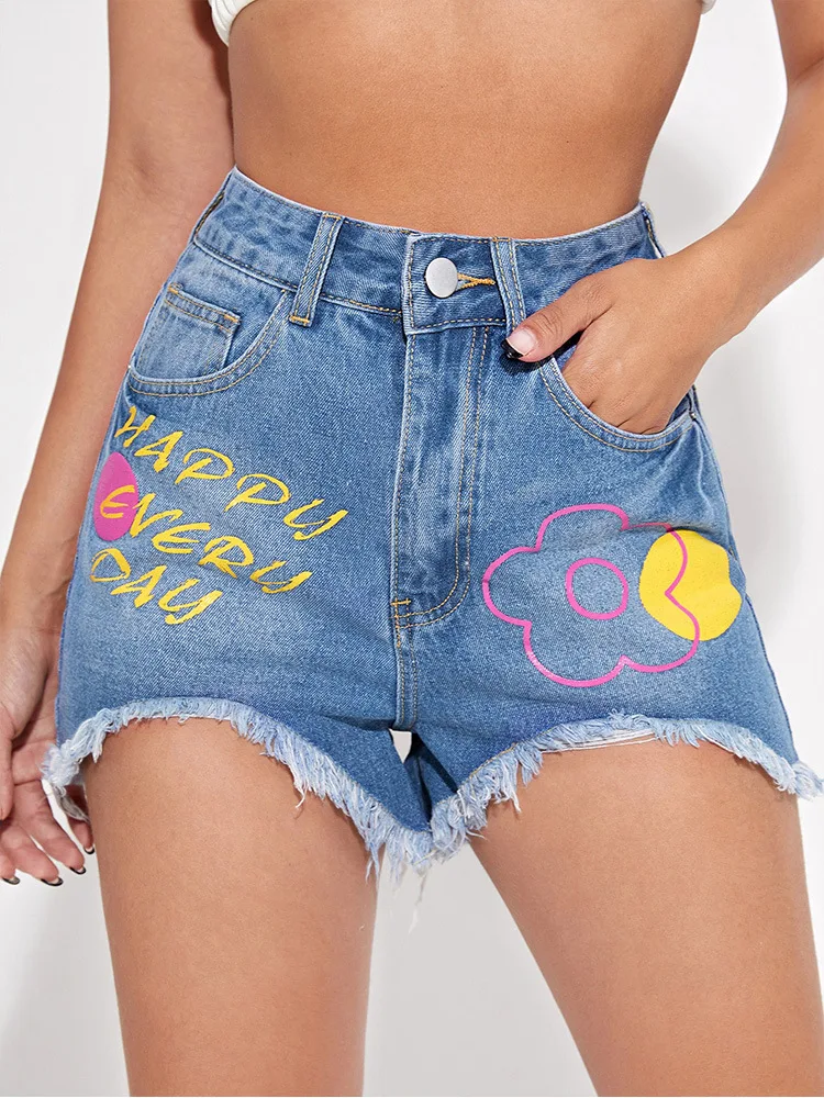 

Letter Pattern Women Shorts Summer High Waist Straight Jeans Denim Shorts Tassel Burrs Streetwear Casual Short Jeans for Female