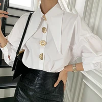 sleeves womens new sweet jacket pointed collar chic single breasted buttons long lantern single breasted white loose shirt