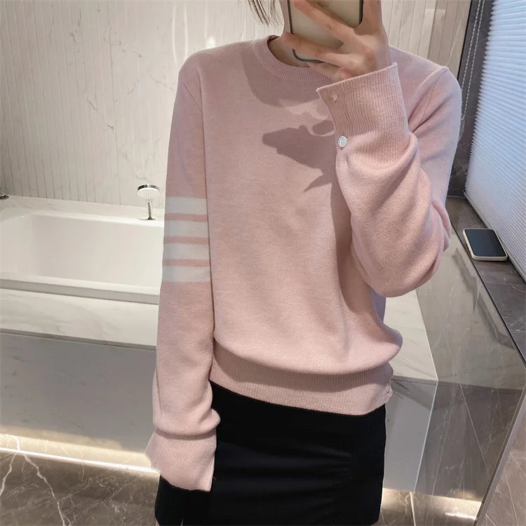 Korean Style High Quality Spot Autumn TB Four-bar Back Stickman Walking Dog Wool Knitted Round Neck Pullover Pink Top